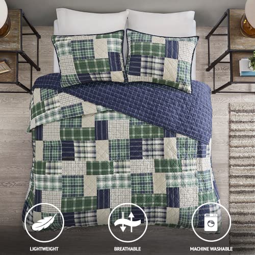 Timber Green/Navy 3 Piece Reversible Quilt Set for Queen Bed - Farmhouse Style