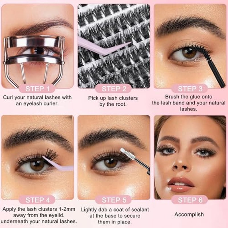 Fluffy Lash Clusters 80D+100D, DIY Eyelash Extension Kit with Glue and Tweezer, 9-16mm D Curl Wispy Flat Lash Clusters, 280pcs Individual Lashes