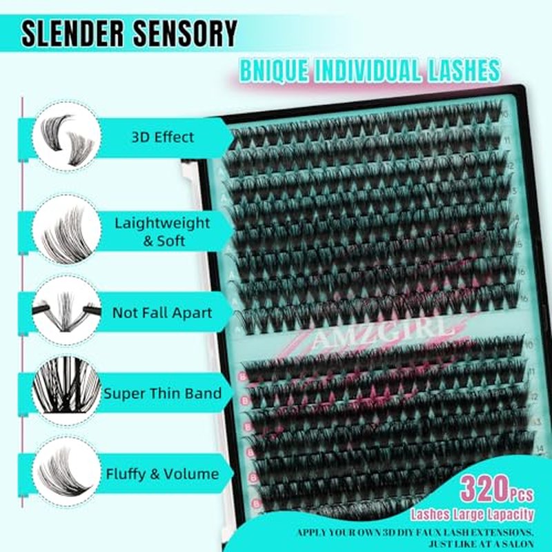 Lash Clusters Kit 320Pcs 60D 80D DIY Individual Lashes Extension Kit Lash Bond And Seal Lash Remover For Eyelashes Extensions Lash Applicator Tool For False Eyelash Cluster Kit(60D80D,D-Mix10-16mm)