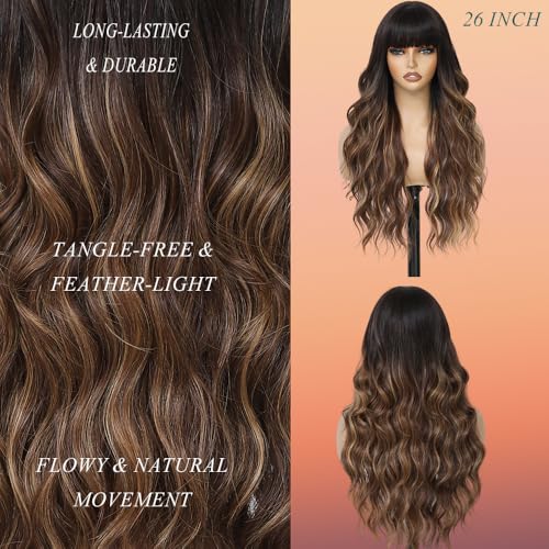 26 Inch Brown Highlights Blonde Wavy Wig with Bangs - Synthetic, Heat-Resistant Hairpiece