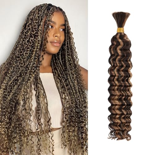 Deep Wave Human Braiding Hair - Highlight Balayage #4P27, 12 Inch, 50g, No Weft, Curly Extensions