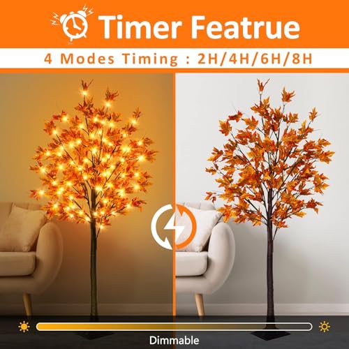 2 Pack 5Ft Fall Maple Tree Light with 90 LEDs and 8 Flash Modes - Indoor Outdoor Thanksgiving Decor