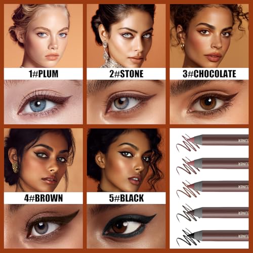 Pinkiou 5 Colors Eyeliner Pencil Set,24 Hour Waterproof Smudge-Proof Eye Liner Pencil, Long-Lasting Makeup Pencils for Eyebrows and Eyeliner (Plum, Stone, Chocolate, Brown, Black)?