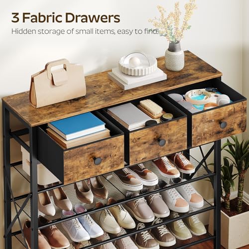 5-Tier Shoe Rack with 3 Drawers - Rustic Brown & Black, Metal & Wooden Storage Organizer