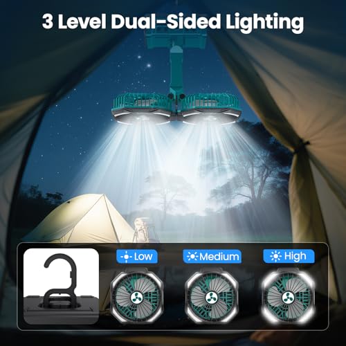 ONLYNEW Green Large Dual Head Portable Rechargeable Fan with LED Lantern & Remote