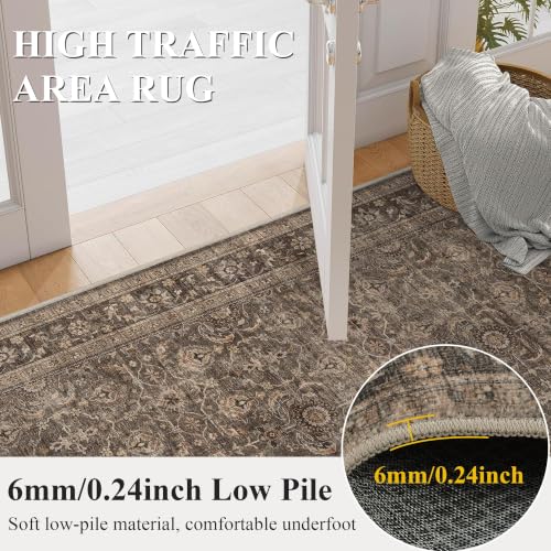 JOOJA 8x10 Dark Brown Vintage Low Pile Area Rug - Non-Slip Washable Boho Carpet