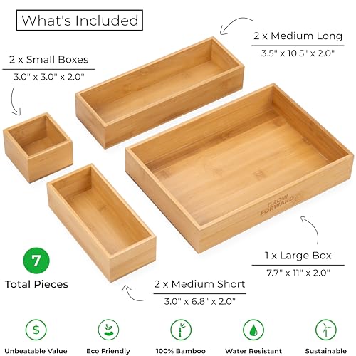 7-Piece Bamboo Drawer Organizer Set - Multi-Size Storage Trays for Kitchen, Bathroom, Office & Vanity