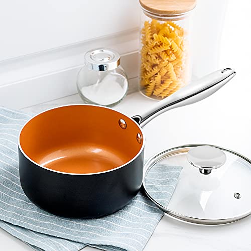 Michelangelo 3-Piece Nonstick Saucepan Set with Lids, 1 Qt, 2 Qt & 3 Qt Copper Coated Ceramic Pans