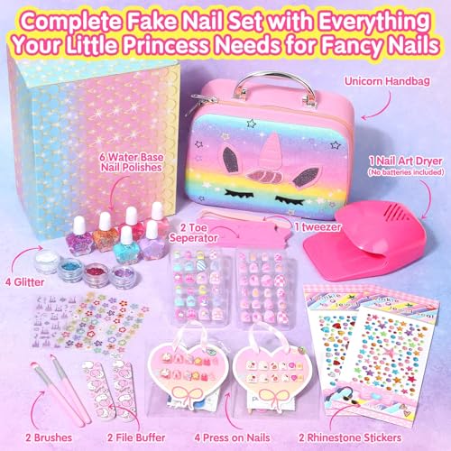 Rainbow Unicorn Non-Toxic Nail Polish & Press-On Nails Set with Dryer - Kids Gift