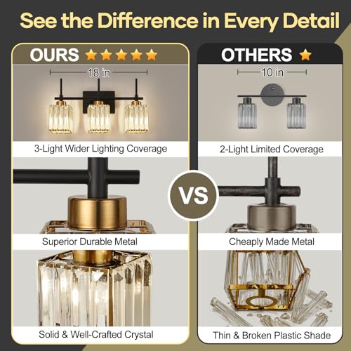 Black Gold Square Shade Crystal Vanity Lights - 3-Light Bathroom Wall Fixture