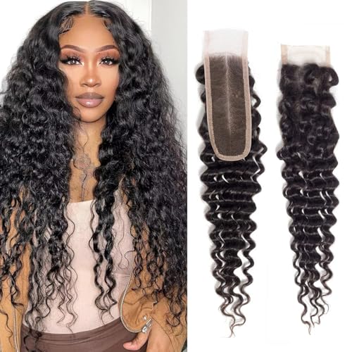 Brazilian Deep Wave Lace Closure 2x6 Inch Human Hair 16 Inch Natural Style - 1b Variation