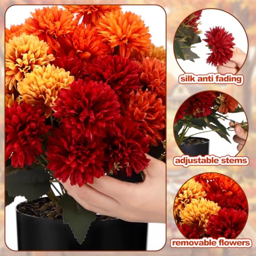 Artificial Fall Pom Pom Mums Flower Set in 15-Inch Vases - Fall Colors / Mums