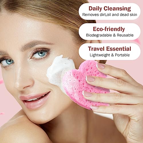 Dandat Pink 300 Count Compressed Heart-Shaped Facial Sponges for Cleansing & Exfoliating