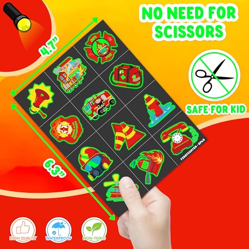 96 PCS Firefighter Firetruck Pre-Cut Luminous Glow in the dark Temporary Tattoos for Kids | Super Cute Themed Birthday Party Favors, Supplies, Decorations, Fake Tattoo Stickers Gifts for Boys Girls