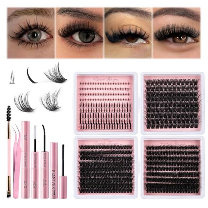 5 Styles Lash Clusters Kit, Mega/Volume/Full/Spike/Bottom Lashes Set, with Lash Bond&Seal, Remover, Tweezers & Tools, DIY Eyelash Extensions for Beginners & Pros, At-Home Salon Look