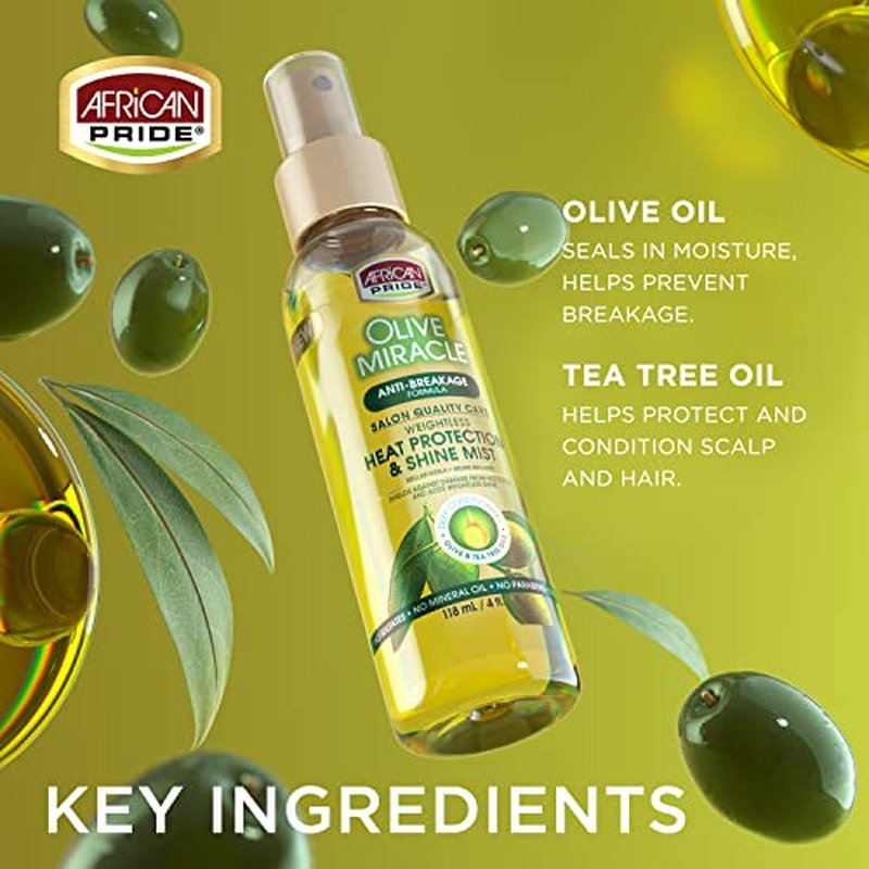 African Pride Olive Miracle Weightless Heat Protection & Hair Shine Mist (3 Pack), Fights Humidity & Shields Against Heat Damage, Enriched with Olive & Tea Tree Oils, 4 oz