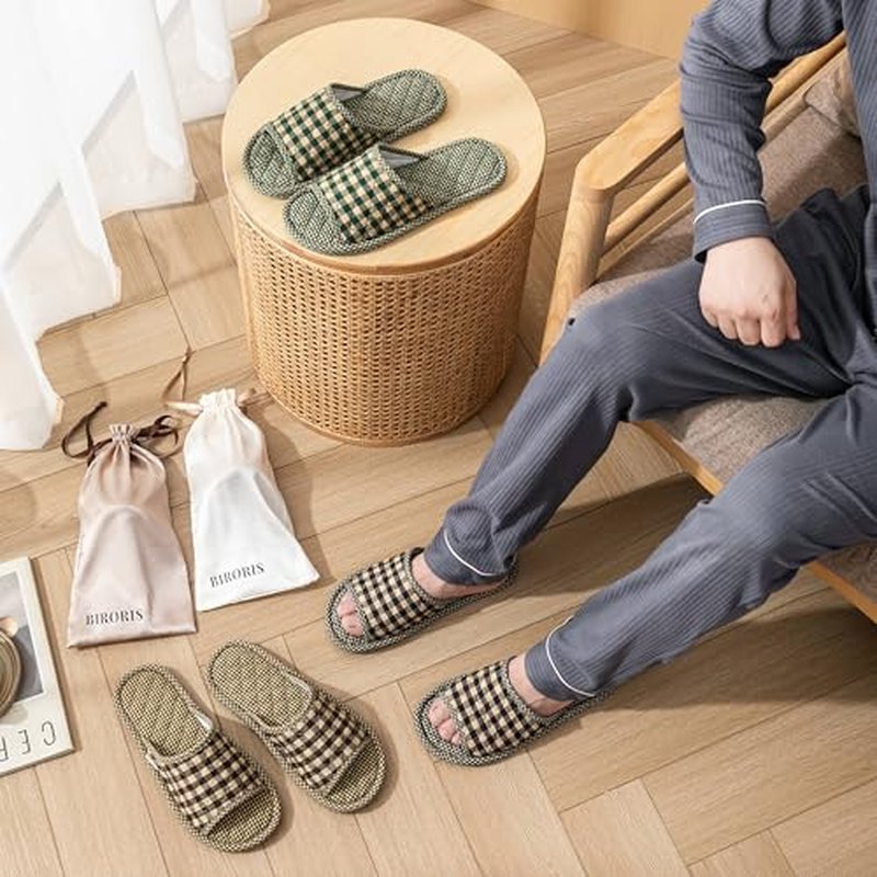 3 Pairs Plaid House Slippers for Men, Open Toe Indoor Slippers Comfortable Washable Portable Foldable Guest Travel Hotel Airplane Spa Slippers