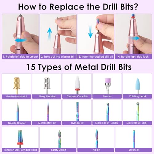 Electric Nail Drill, 40000RPM Professional E-Filer Rechargeable with 15 Drill Bits, Portable Nail File Electric Nail Filer for Acrylic Nails Gel Polishing Removing for Salon Home (Purple)