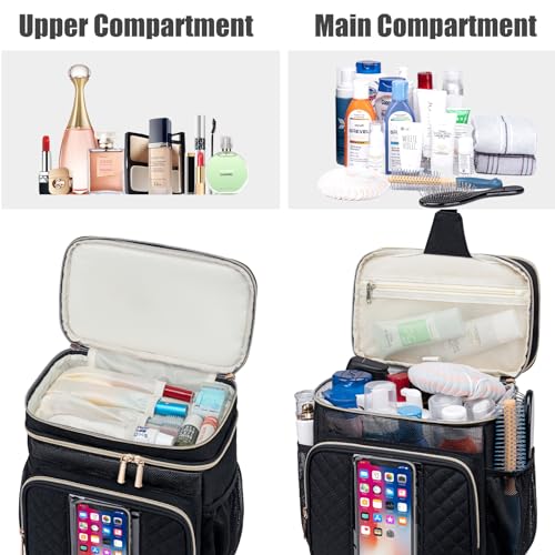 Tealari Large Water-Resistant Toiletry Bag for Women Men - Black, Hanging Travel Organizer with Transparent Phone Pocket