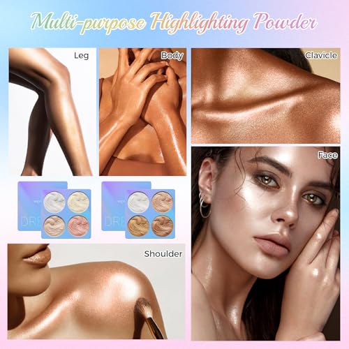 Face Highlighter Palette, Illuminator Powder Palette White Highlighter Baked Waterproof Long Lasting Brilliant Lighten Skin Color Face Contour Powder Makeup Highlighter