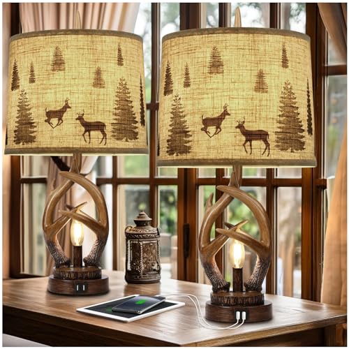 Rustic Farmhouse Antler Table Lamp Set of 2 with Night Light - Brown