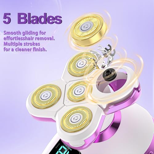 Electric Razors for Women Legs 5D:Magnetic Shaver Heads Waterproof Rechargeable Shaver Multi-Use for Hair Removal on Legs Bikini Body-Purple