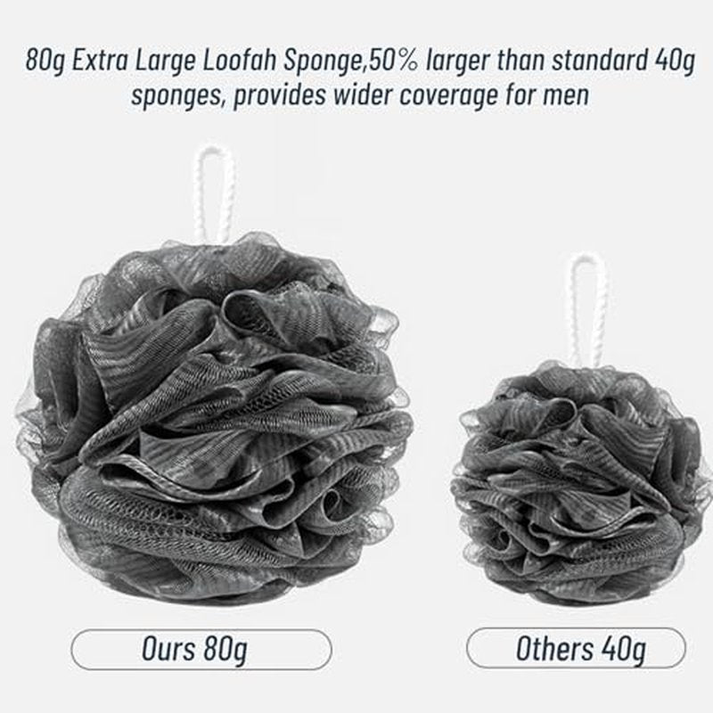 6-Pack 80g Shower Loofah for Men ? Extra-Large Body Sponge with Triple-Tied Knots, High-Density Mesh, Rich Lather, Durable Exfoliating Pouf (Black)