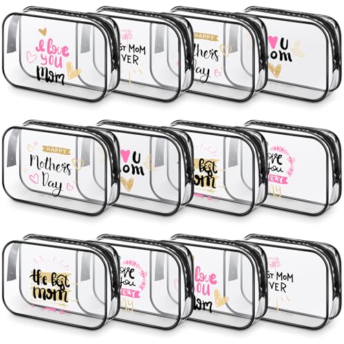 Mother's Day Clear Makeup Bags Set - 12 PVC Zipper Pouches, 6 Styles