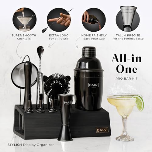 Bartender Kit Bar Set with 24oz Cobbler Shaker - Jet Black/Black, 14 Pieces with Recipe Cards