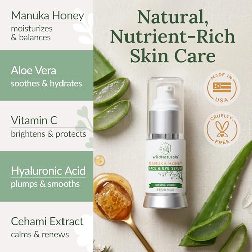 Wild Naturals Manuka Honey Face & Eye Serum with Vitamin C & Hyaluronic Acid - Anti-Aging, Dark Circles, Fine Lines, Made in USA - 0.5 Fl Oz