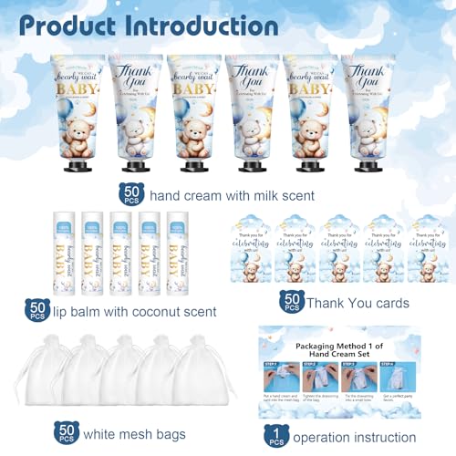50 Pack Bear Lip Balm and Hand Cream Gift Sets for Baby Shower & Party Favors - Coconut & Milk Scent, KONEUK
