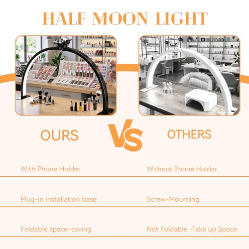 Large Foldable Half Moon LED Light for Nail Desk with Phone Stand & Wire Controller