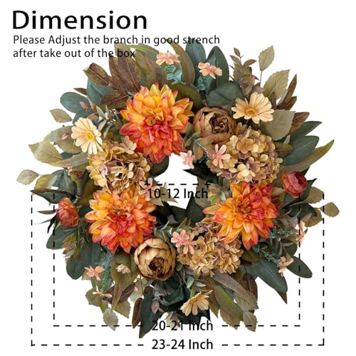 WANNA-CUL 24in Fall Front Door Wreath Dahlia Hydrangea Peony Vintage Spring Variation