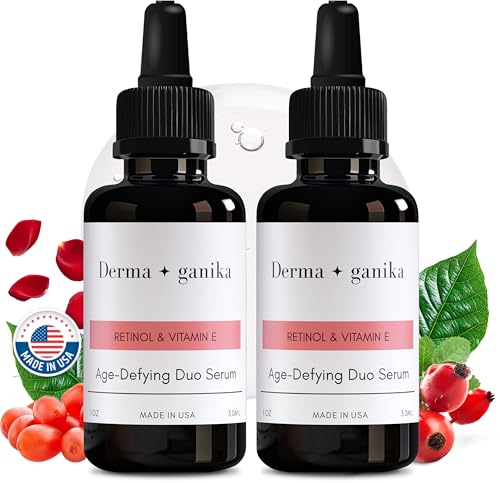 Retinol & Vitamin E Face Serum Pack of 2 - Collagen-Boosting Anti-Aging Treatment - Made in USA, 1 fl oz
