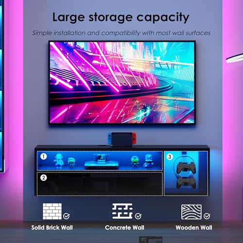 40-Inch Black Floating Wall-Mounted LED TV Stand with Lights - SogesPower