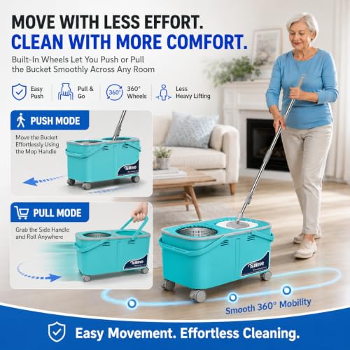 RinseWise Easy-Use Gen 2 Mop Bucket Blue with Water Separation & 6 Microfiber Mops
