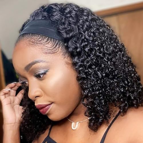 Curly Headband Wig Human Hair - 12 Inch Natural Black, Easy Wear for Black Women - Variation: Curly Headband Wigs / 12 Inch