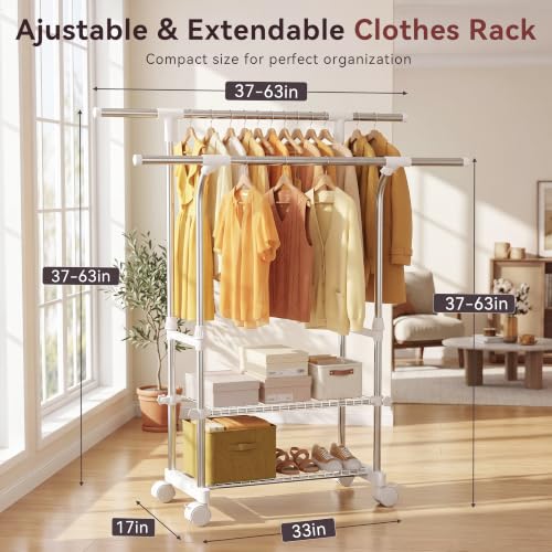 Heavy-Duty Double Rod Rolling Clothes Rack with Shelves - Adjustable, 155 lbs Capacity