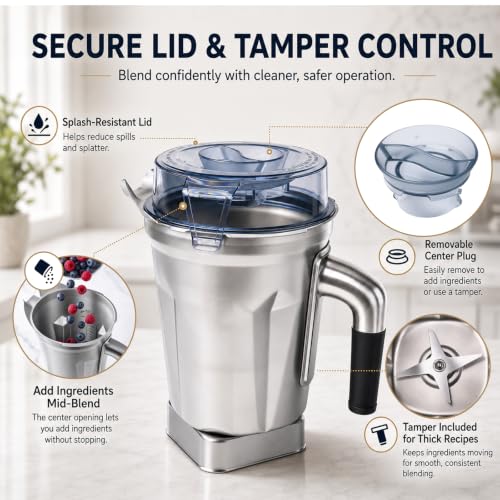 64 Oz Stainless Steel Blender Pitcher with Recognition Chip - Compatible with Ascent & More