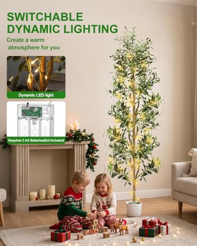 7ft Artificial Olive Tree Indoor Faux Plant with White Planter & LED Lights