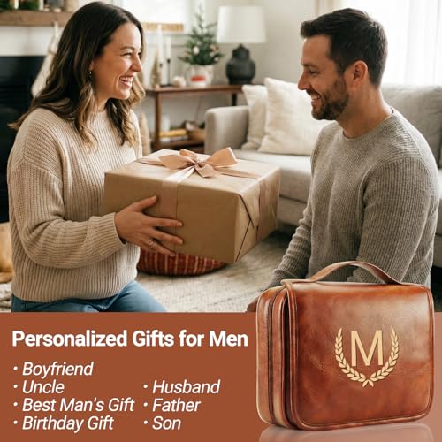 Personalized Hanging Travel Toiletry Bag for Men - Light Brown, Initial E, Large Organizer & Dopp Kit with Water-Resistant Compartments