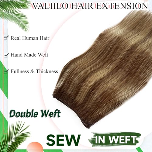 14 Inch Ombré Balayage Hair Extensions Double Weft Human Hair Sew In Bundles - Chestnut Brown to Ash Blonde