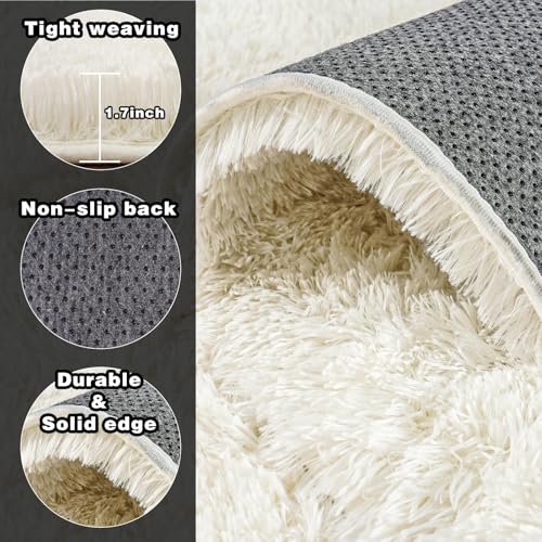 Cream White Fluffy Area Rug 9x12 ft for Living Room & Bedroom - Super Soft Shag with Non-Slip Base
