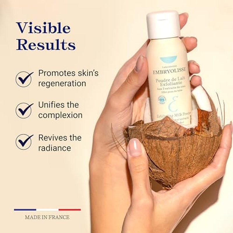 Embryolisse Exfoliating Face Scrub Powder - Facial Cleanser that Exfoliates, Tones and Softens the Skin - With Coconut & Milk Powder - for All Skin Types, Even Sensitive, 1.41 Oz