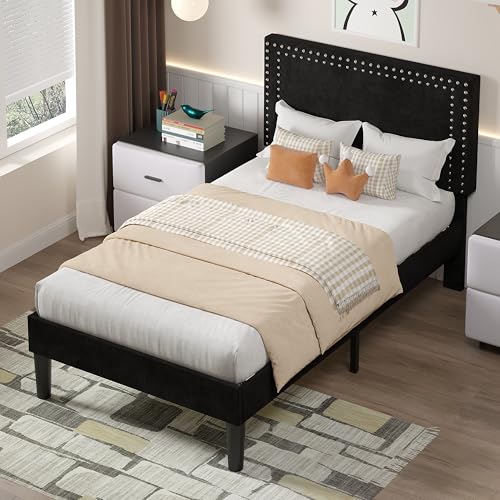 Twin Size Upholstered Bed Frame with Adjustable Headboard, Modern Platform Design, Black - No Box Spring Needed