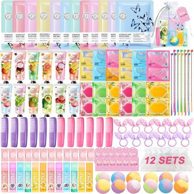 144 PCS Spa Party Supplies for Women, Spa Party Favors Include Face Masks Skincare, Hand Cream, Lip Balm, Eye Mask, Lip Mask,Foot Bath Bomb, Hair Brush, Spa Birthday Sleepover Party Supplies