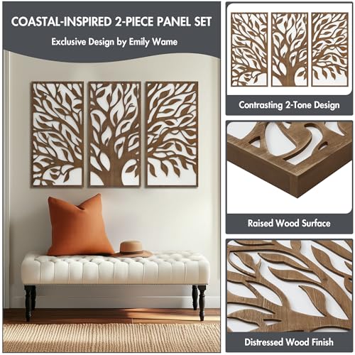 Tree of Life Wall Decor Set - Birch Botanical Two-Tone 3-Piece Wood Panels, Ready to Hang, 16 x 32 Inches, Unframed