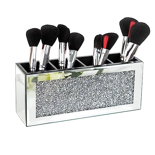 Mirrored Makeup Brush Holder Organizer with Crystals - Silver, 4 Compartments