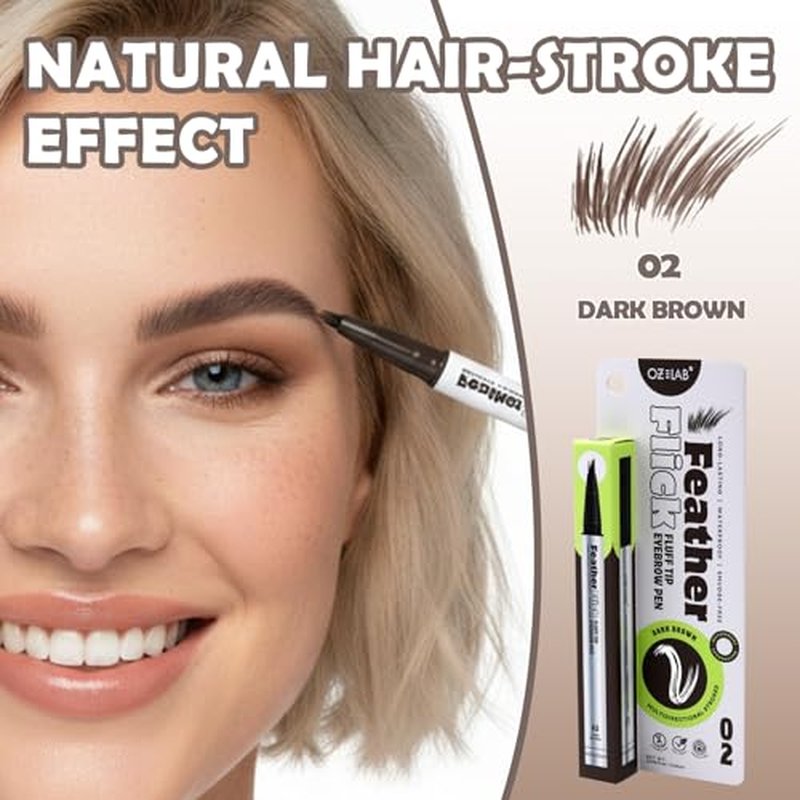 Feather Flick Fluff Tip Eyebrow Pen Natural Hair Like Brow Strokes Angled Multi Tip Precision Brow Pen for Sparse Brows Long Lasting Smudge Resistant (DARK BROWN, 0.018 fl oz. / 0.55 ml£¨pack of 1£©)