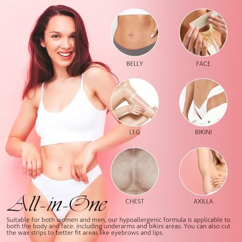 60 PCS Wax Strips for Hair Removal: 40 Body & 20 Facial Hair Removal for Women - Waxing Kit for Women, Face, Eyebrow, Arms, Legs, Chest, Back, Bikini/Brazilian Waxing Strips & 4 Calming Oil Wipes